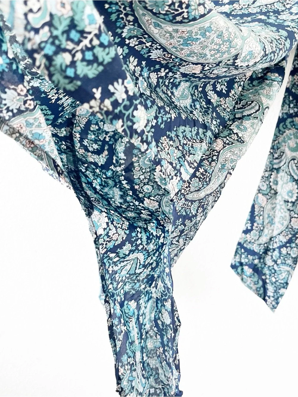 J.Crew Silk Paisley Print Tie Waist Blue Green Long Sleeve Shirt Dress